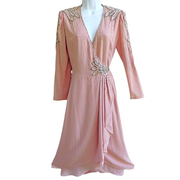 Vintage Jack Bryan Cocktail Wrap Dress Pink Heavy Beaded Long Sleeve Bling 8 - Picture 1 of 11
